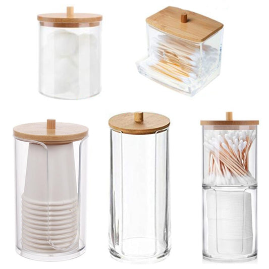 Acrylic Storage Box Bathroom Jar Makeup Organizer Cotton Round Pad Holder Cotton Swab Box  Holder Dispenser with Bamboo Lid